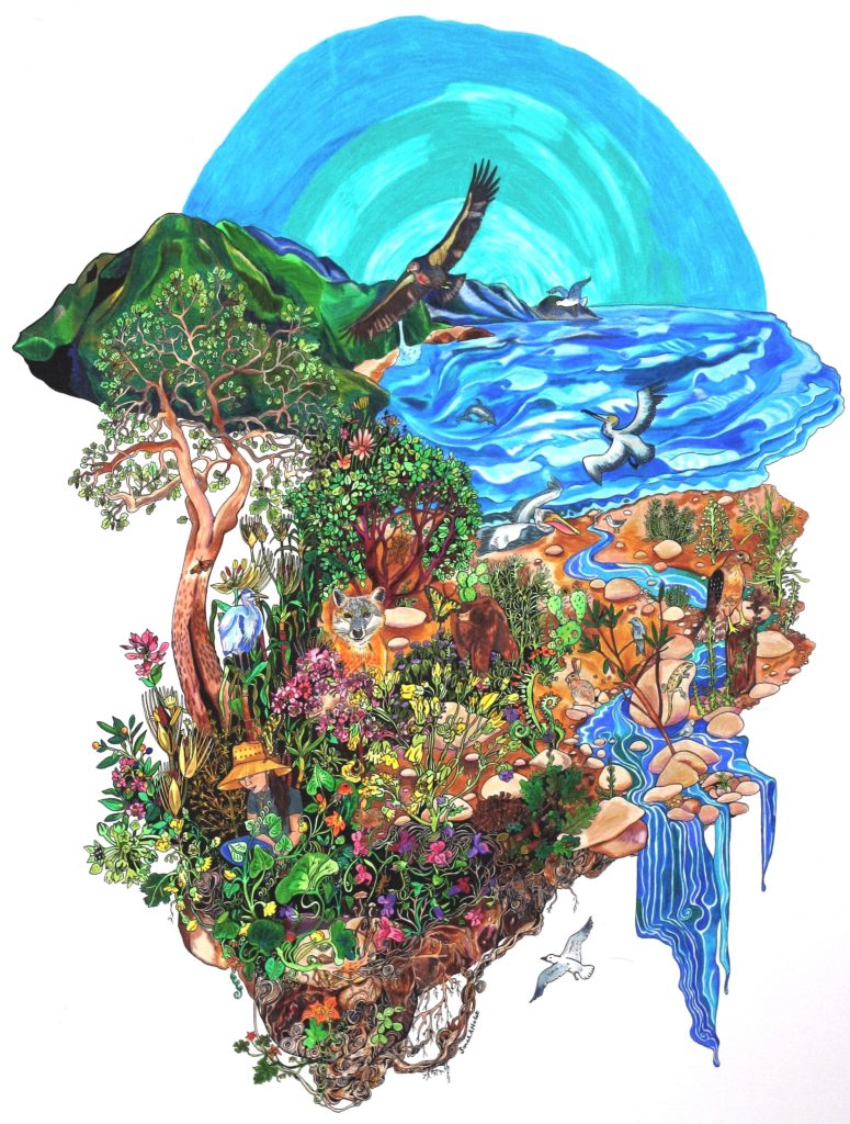 This painting, created by Sarah Holst, depicts the flora, fauna, rivers, waters, humans, and elemental presences of the place within traditional Chumash territory colonially called the Ventura River Watershed.